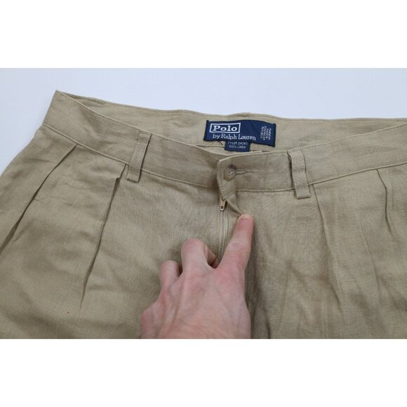Vintage 90s Ralph Lauren Mens 32 Distressed Linen Above Knee Chino Shorts Beige - Picture 8 of 16